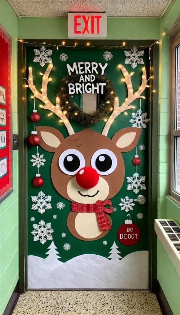 a christmas door decorated with reindeer head and lights