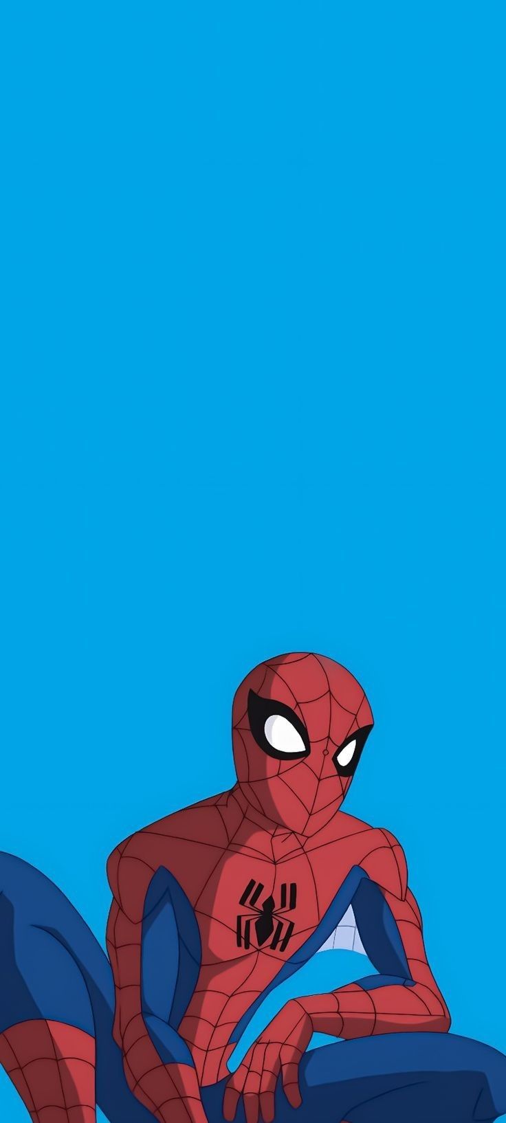 spider - man sitting on the ground with his legs crossed and eyes wide open, in front of a blue sky