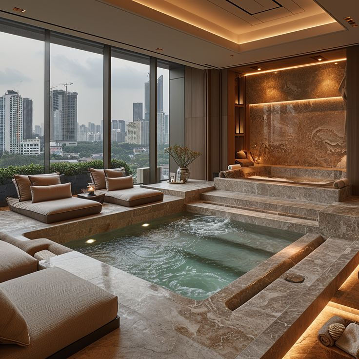 an indoor hot tub in the middle of a room with couches and large windows