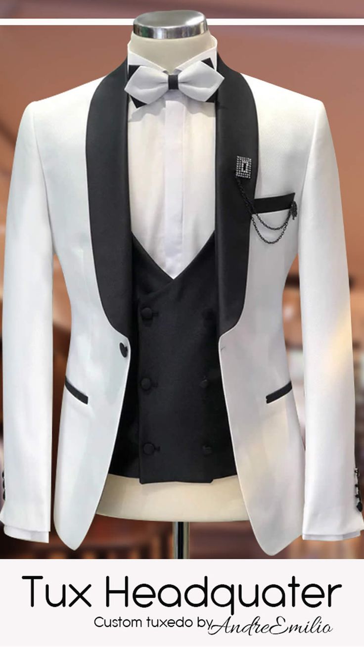 White Tuxedo With Black Lapel Formal White Tuxedo With Lapel Collar, White Tuxedo With Lapel Collar For Formal Occasions, White Tailored Blazer For Black-tie Events, Elegant White Black Tie Suits, White Three-piece Groom Suit, White Tuxedo For Black Tie Event, White Tuxedo Blazer For Black Tie Events, White Tailored Tuxedo For Black-tie Events, White Tailored Blazer For Black Tie Events