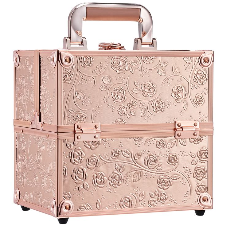 PRICES MAY VARY. Rose Gold Floral Makeup Case: This size of portable travel makeup case is 9.84 inch x 7 inch x 9.25 inch. It is suitable for makeup artists from beginners to professional. ABS aluminum and metal reinforced corners have good wear resistance and are lightweight and durable. Train Case has Large Capacity: The extendable cantilever 4-tiers tray structure and the top tray with removal dividers. According to the different sizes of gadgets, you can arrange space, not only neatly placed Toolbox Storage, Travel Makeup Case, Makeup Case Organization, Makeup Train Case, Jewelry Organizer Storage, Makeup Training, Travel Size Bottles, Makeup Travel Case, Cosmetic Box