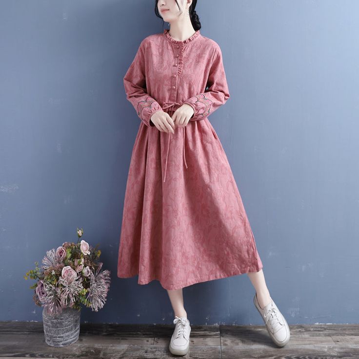 Details: Item Type: Dress Main Material: Cotton Linen Season: Spring, Autumn Style: Leisure, Daily Pattern Type: Embroidery Waist Type: Loose Fit Type: Loose fit/ Pullover Size: One Size Length: 116.00 cm/ 45.67 " Bust: 108.00 cm/ 42.52 " Shoulder: 40.00 cm/ 15.75 " Sleeve: 56.00 cm/ 22.05 " Casual Midi Dress With Floral Embroidery For Daywear, Long Sleeve Cotton Embroidered Spring Dress, Spring Cotton Embroidered Long Sleeve Dress, Long Sleeve Cotton Embroidered Dress For Spring, Casual Embroidered Midi Dress, Casual Embroidered Cotton Midi Dress, Fall Cotton Embroidered Dress, Long Sleeve Cotton Midi Dress With Floral Embroidery, Casual Pink Cotton Embroidered Dress