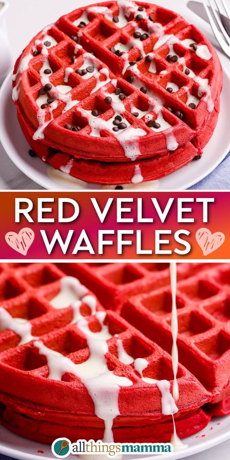 Red Velvet Waffles social collage graphic Waffle Batter Recipe, Christmas Waffles, Red Velvet Waffles, Valentines Brunch, Valentines Breakfast, Waffle Iron Recipes, Waffle Maker Recipes, Waffles Easy, Waffle Bar