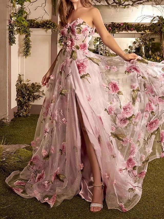 A-Line Prom Dresses Floral Dress Wedding Guest Wedding Party Court Train Sleeveless Strapless Organza with Slit Appliques 2024 2024 - $147.99 فستان زهري, Floral Dress Wedding Guest, Train Fabric, Strapless Organza, Sweetheart Corset, Dress Smart, Organza Gown, Printed Organza, Formal Prom Dresses Long