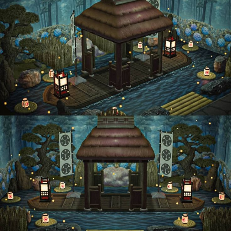 two screens showing the different stages of building in an animated environment with trees, rocks and water