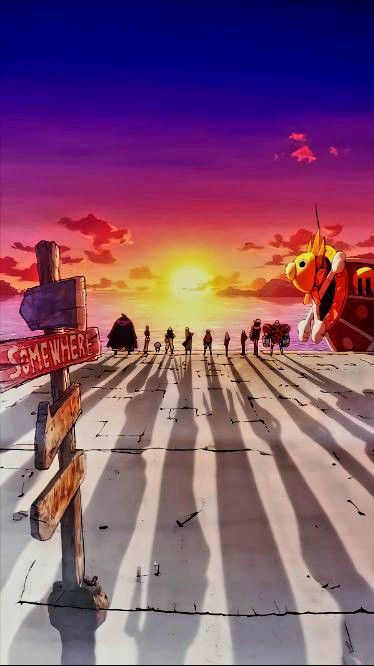 an anime scene with people walking on the beach and sunset in the sky behind them