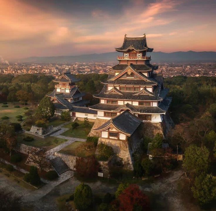 an aerial view of a building in the middle of trees