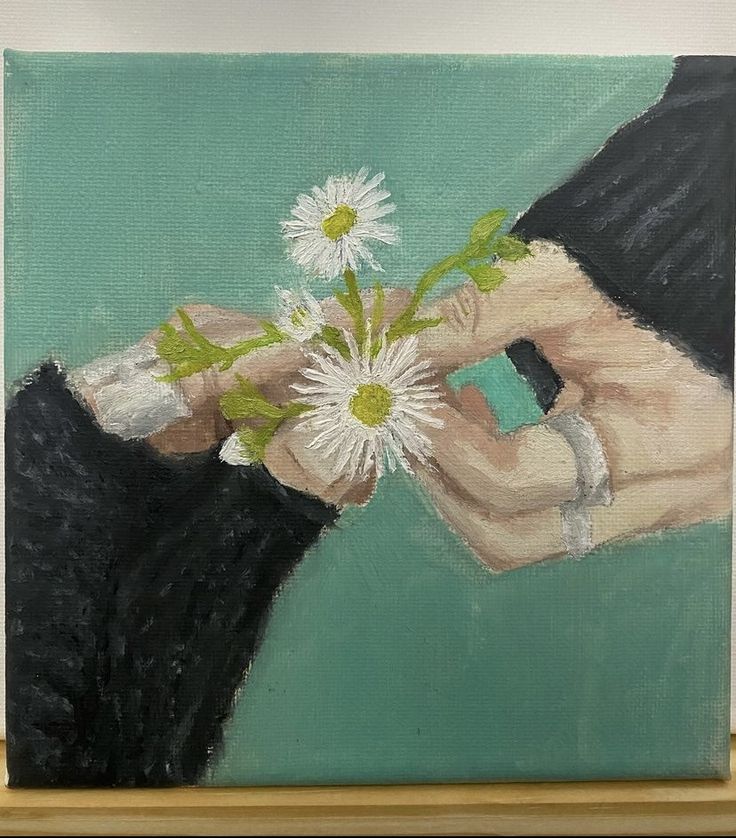 a painting of a woman holding flowers in her hand with green background and gold frame