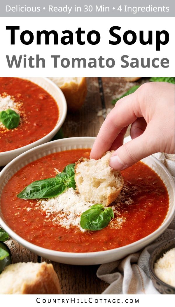 someone dipping some bread into a bowl of tomato soup with basil and parmesan cheese