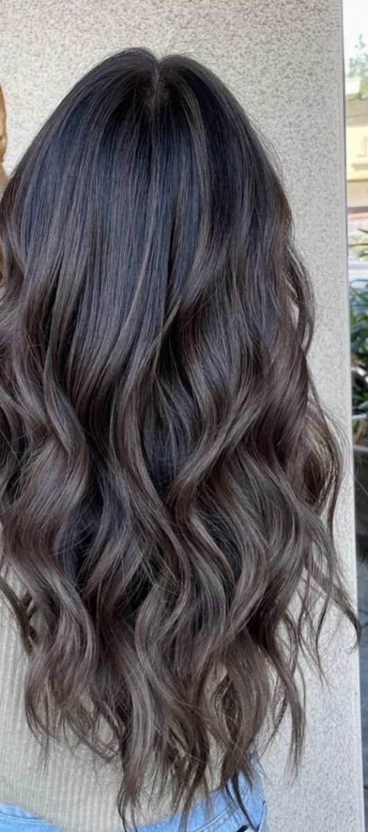 Black Hair Balayage Ashy Grey, Dark Hair With Low Lights And Money Piece, Dark Ash Balayage On Dark Hair, Ash Brown Highlights Dark Hair, Identity Tattoo Ideas, Ashy Brown On Black Hair, Dark Ash Ombre Hair, Dark Brown To Ash Brown Balayage, Ash Brown Balayage Black Hair