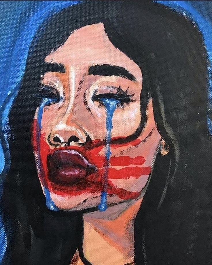 a painting of a woman's face painted in red, white and blue