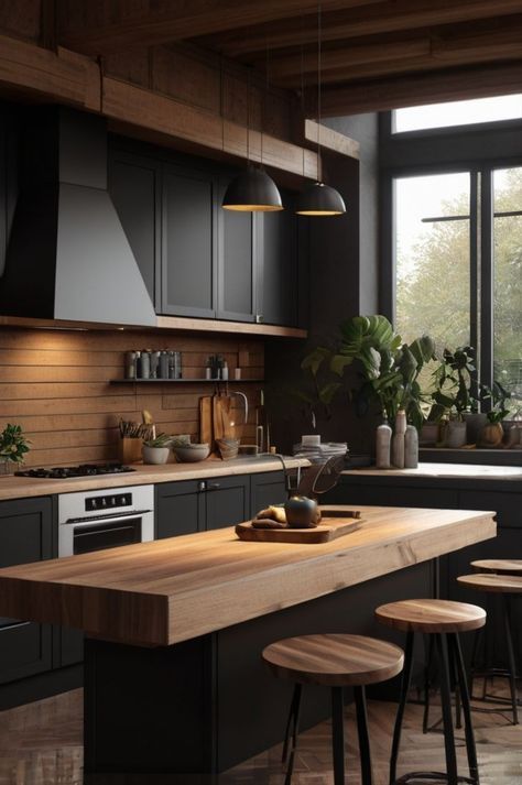 a kitchen with black cabinets and wooden counter tops, along with stools that match the wood flooring