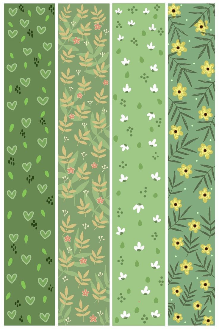 four different patterns with hearts and flowers on them, all in green color scheme illustration