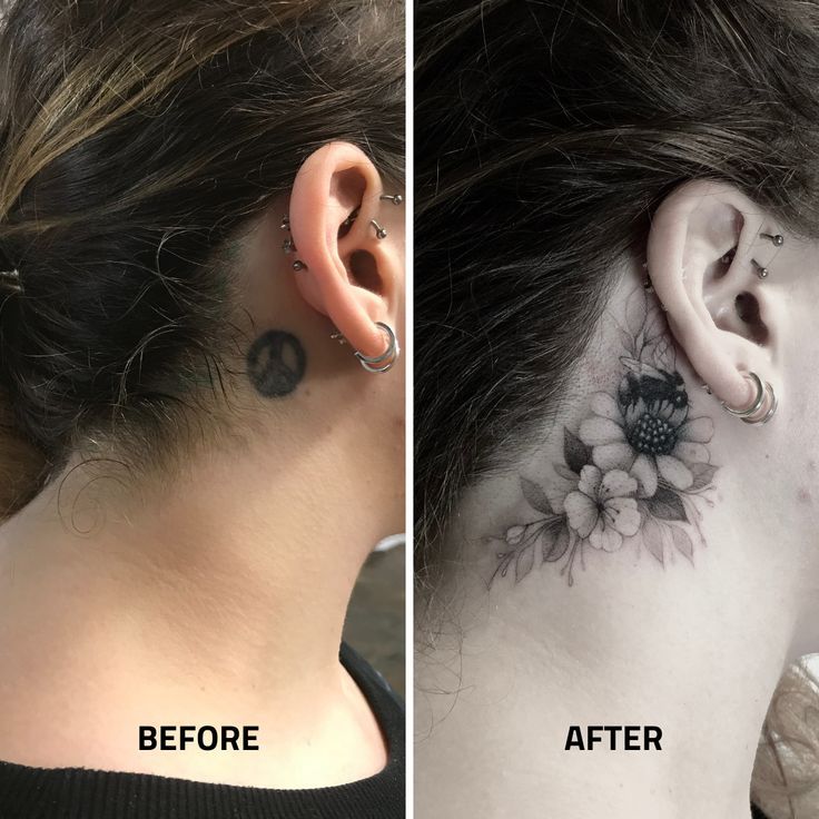 a woman's neck has a flower tattoo before and after it is tattooed on her left side