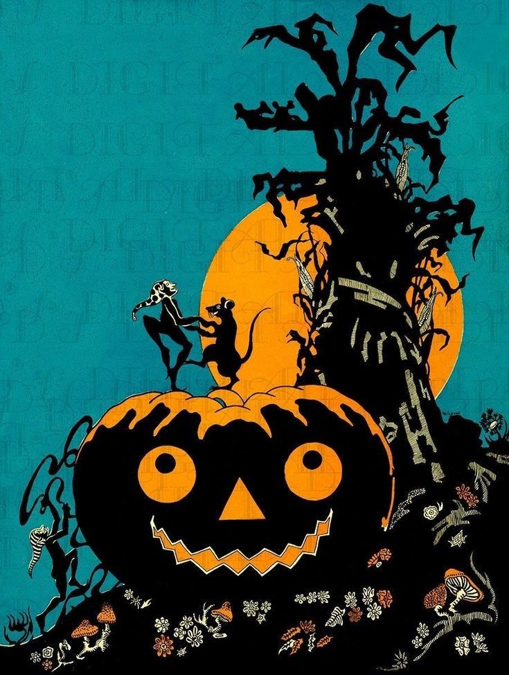 a painting of a jack - o'- lantern pumpkin sitting in front of a full moon