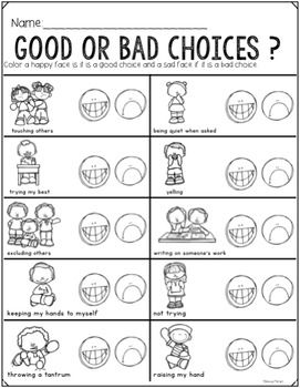 the worksheet for good or bad choices to help students understand what they are doing