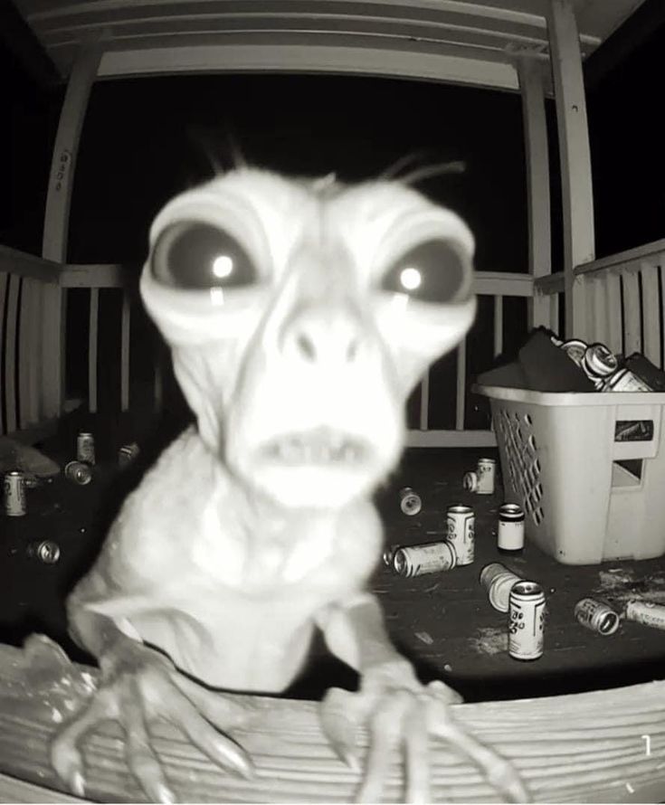 an alien is staring at the camera in this black and white photo with cans around him