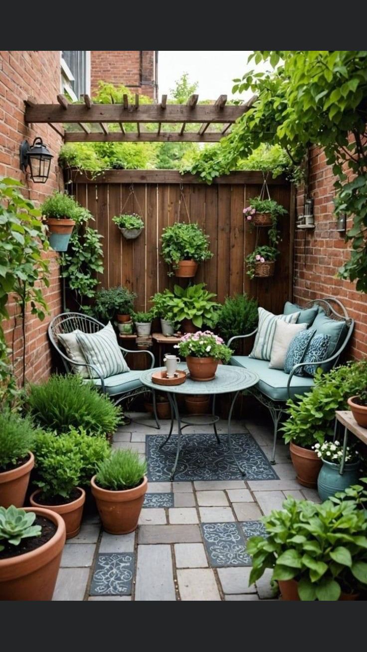 an outdoor patio with potted plants and seating on the floor, surrounded by brick walls