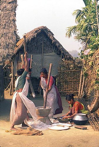 three women are preparing food in a village