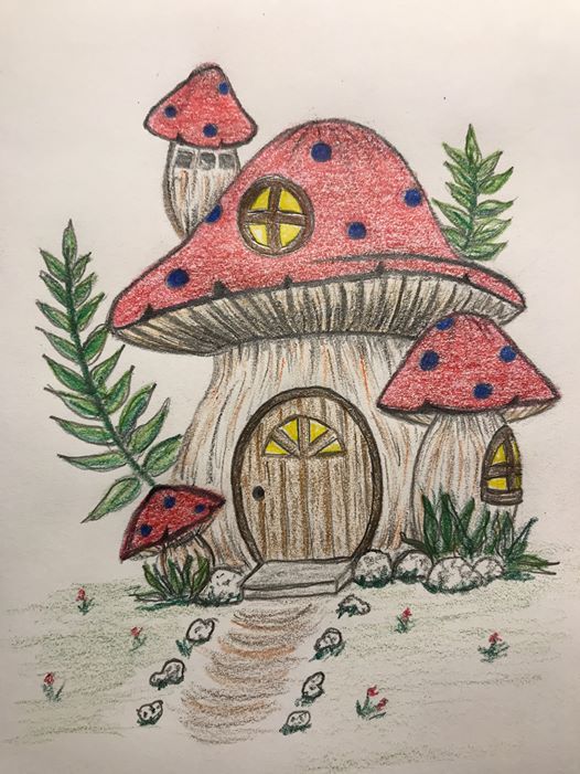 a drawing of a mushroom house in the grass