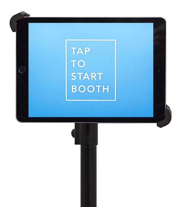 a tablet with the words tap to start booth displayed on it's side, in front of a white background