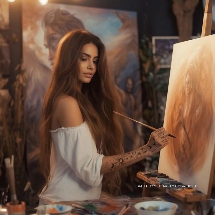 a woman with long hair painting on an easel