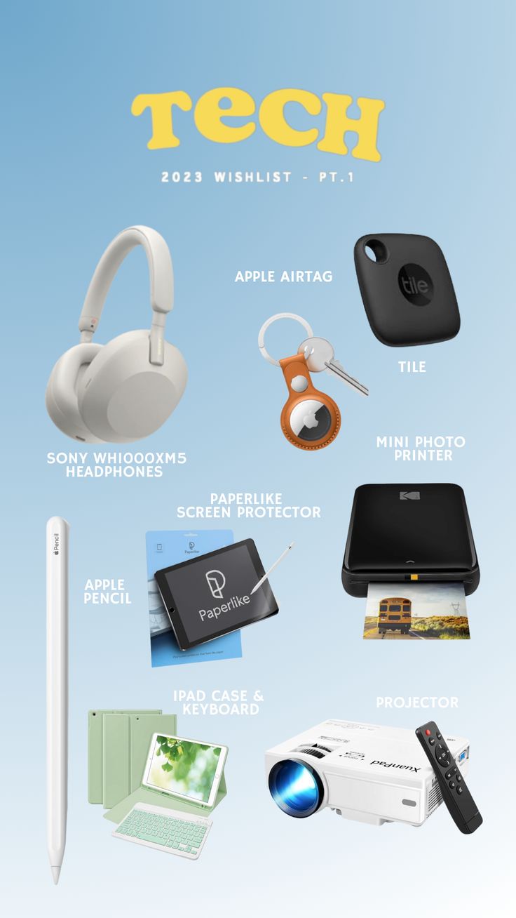 an advertisement for tech products with the words tech above it and other items surrounding it