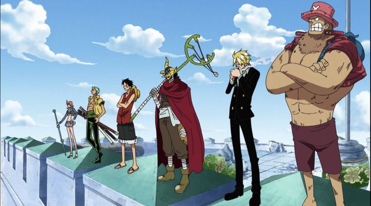 anime characters standing on the edge of a bridge