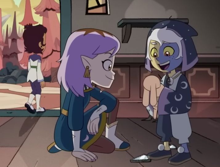 two cartoon characters are talking to each other in a room with another character on the floor