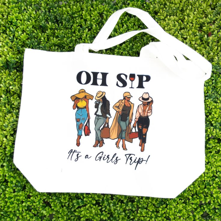 The Oh Sip It’s a Girl’s Trip Tote Bag is your ultimate companion for those crazy, it never happened adventures and unforgettable moments with your girls! Crafted with durable materials and featuring a spacious interior, this tote bag is the epitome of practicality and style. Whether you're planning a girls' trip or a weekend winery getaway, it's the perfect accessory to accompany you on your trip for those unexpected needs. With ample room to stash an extra set of clothes, a pair of heels, or f Trendy Summer Bags For Weekend Trips, Trendy Bags For Weekend Trips In Summer, Fun Canvas Travel Tote Bag, Trendy Tote Bags For Weekend Trips, Fun Travel Gift Bag, Fun Travel Bags With Large Capacity, Fun Travel Bag With Large Capacity, Fun Large Capacity Bags For Travel, Girls Trip Goodie Bags Ideas