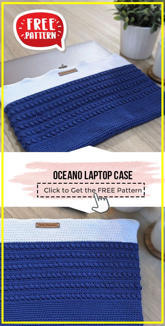 the ocean laptop case is made from crochet and knitted with two different colors