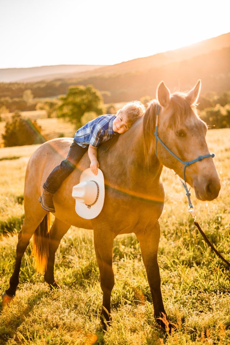 a young boy riding on the back of a brown horse in a field at sunset