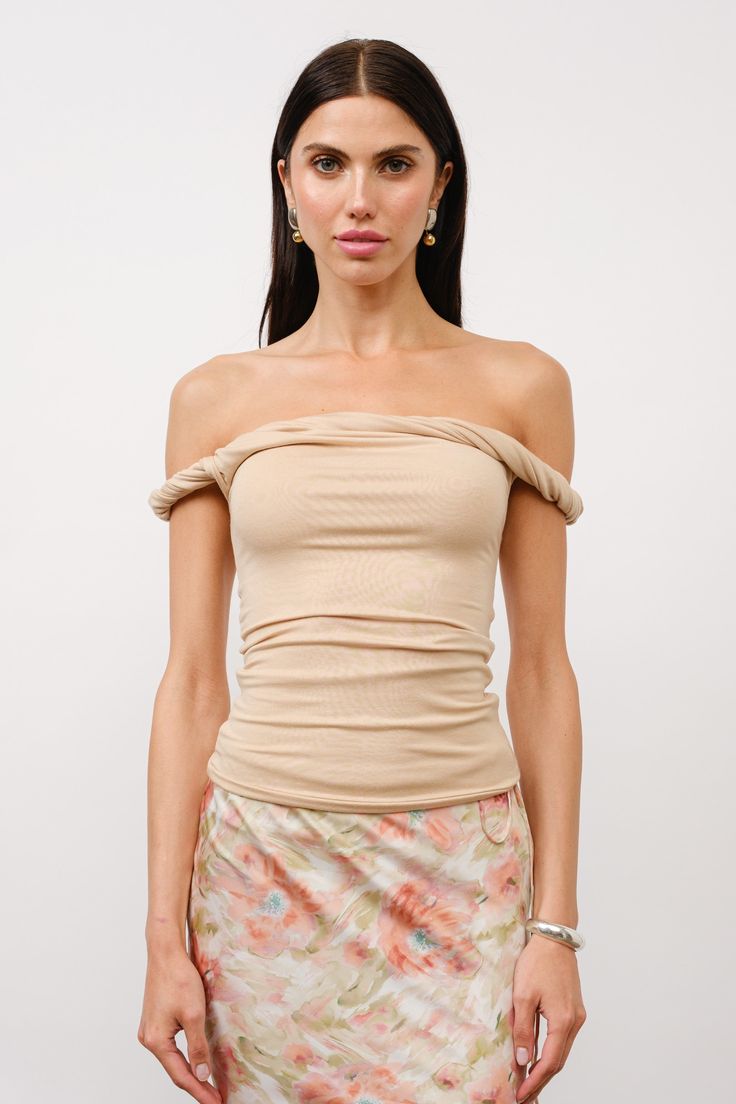 Our most popular Isla top is back in a new and improved fabric for the most comfortable and flattering fit! Off-the-shoulder knit top with twisted detailing. The perfect piece for your wardrobe you'll want every color! Casual Ruched One-shoulder Top, Casual One-shoulder Ruched Top, Fitted Ruched Top With Foldover Shape, Fitted Ruched Top With Foldover Neckline, Fitted Foldover Top With Ruched Details, Casual Stretch Off-shoulder Foldover Top, Stretch Off-shoulder Ruched Tops, One Shoulder Stretch Top For Day Out, One Shoulder Ruched Top For Spring