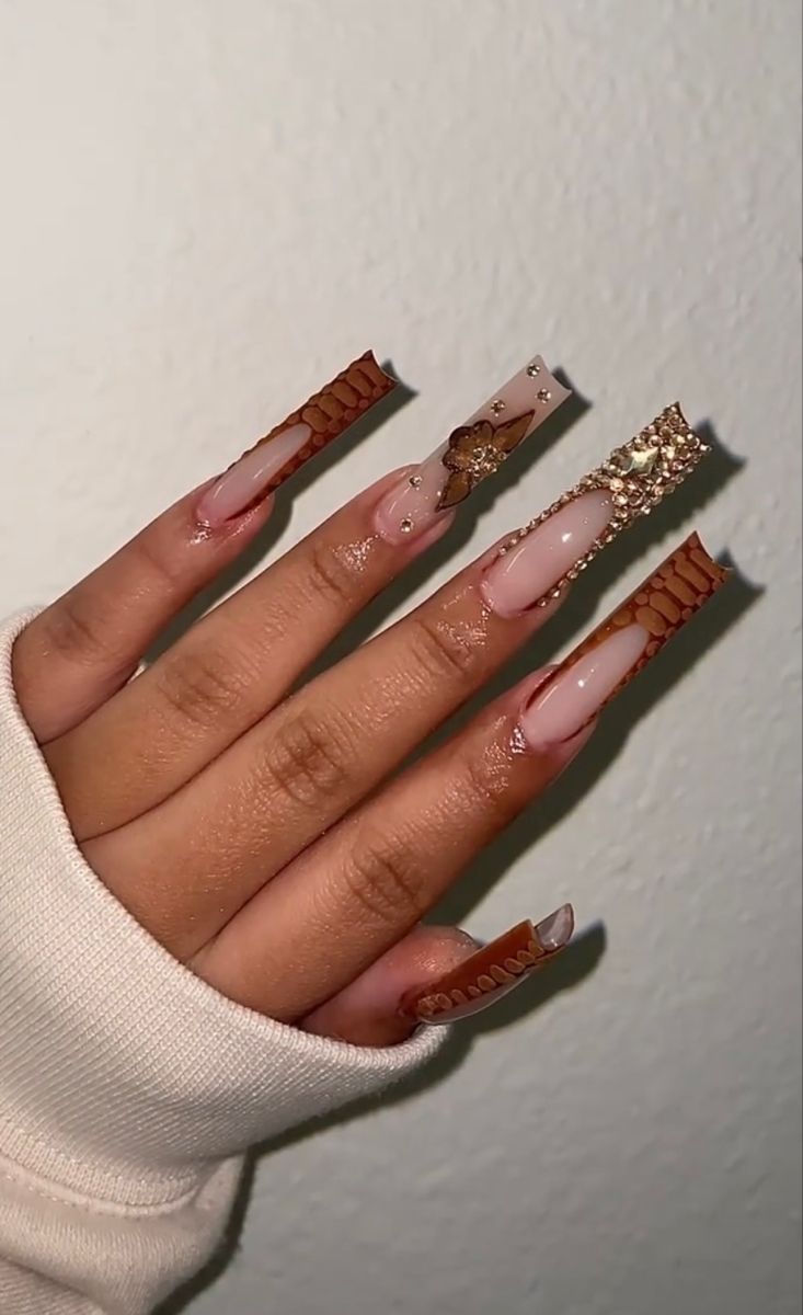 Fall Time Acrylic Nails, Thanksgiving Long Acrylic Nails, Brown Freestyle Nails, Long Fall Acrylic Nail Designs, Bling Fall Nails, Fall Freestyle Nails, Fall Nails Extra, Birthday Fall Nails, Red Bottom Acrylic Nails