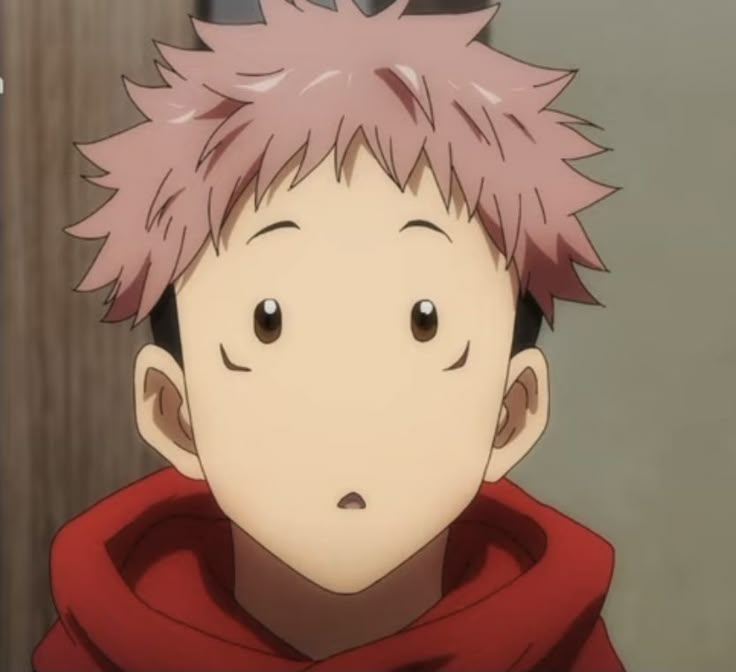 an anime character with pink hair wearing a red hoodie and looking at the camera