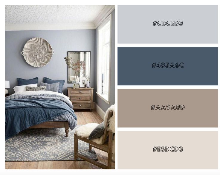 a bedroom with blue and gray colors in the walls, bedding and rugs