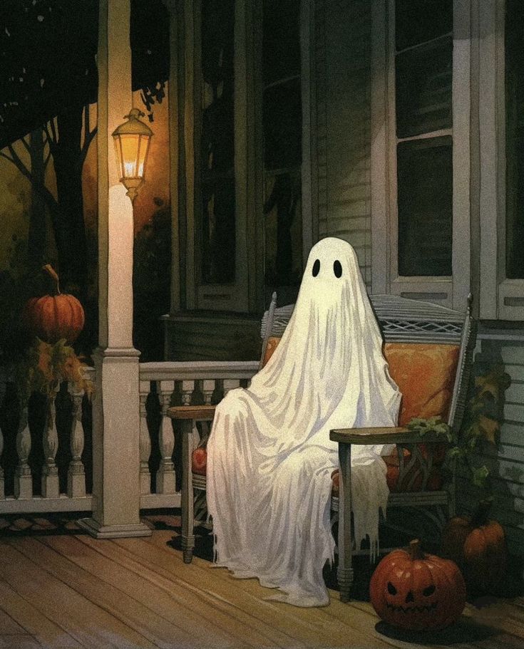 a painting of a ghost sitting on a porch