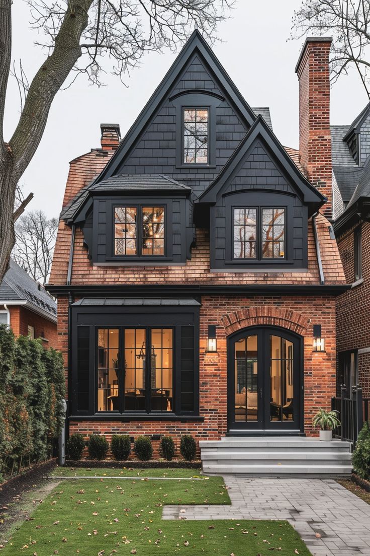 a large brick house with black trim and windows