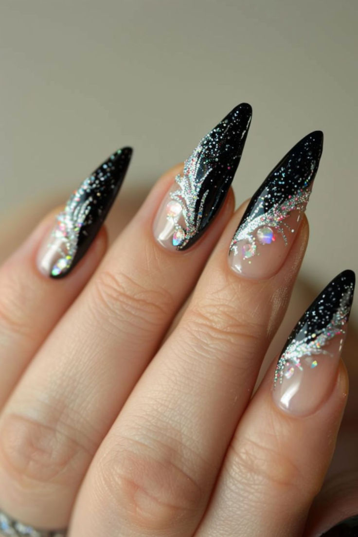 Nude And Black Tips: Nail Designs For The Office Witchy Winter Nails, New Year’s Nail Designs, Witchy Christmas Nails, Gothmas Nails, Nail Designs For Everyday, Winter Stiletto Nails, New Year Nails Design 2024, New Years Eve Nails Ideas Sparkle, Goth Winter Nails