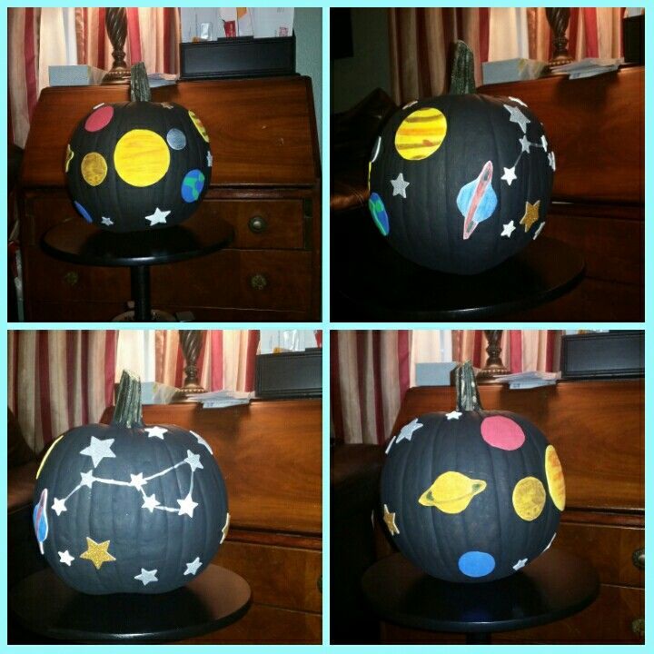 four different pictures of a pumpkin decorated with outer space designs and stars, on a table