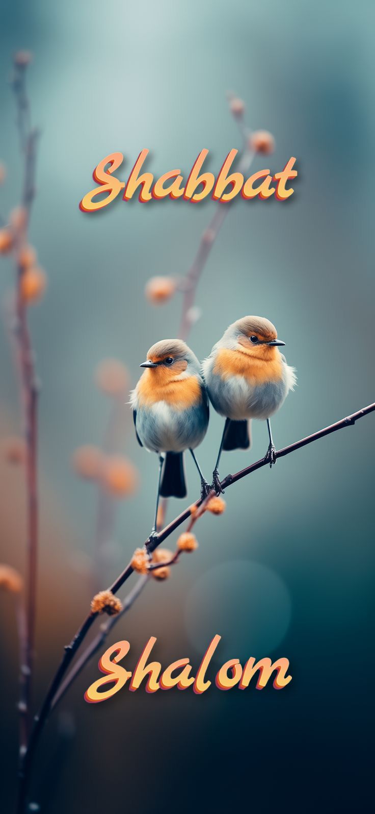 two small birds sitting on top of a branch with the words shabbat written above them