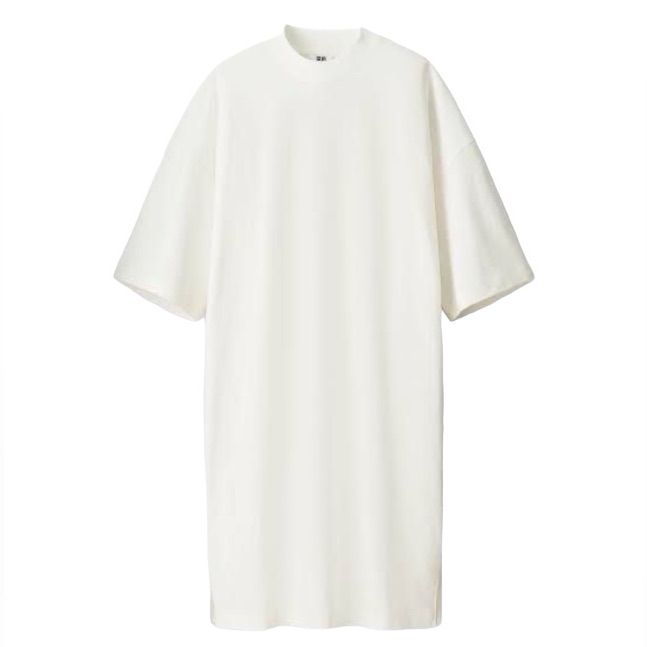 This T-Shirt Dress Is Very Oversized With Drop Shoulder & Wide Sleeves Dress Narrow To The Hem Small Slits Easy To Style With Simple Sandals Or Sneakers So It Will Fit Comfortably Up To Size L Please Refer To The Measurements Armpit To Armpit Laying Flat 26” Shoulder To Hem 39.5” Factory Color Off White *29 Oversized Crew Neck Dress For Daywear, Short Sleeve Cotton Dresses With Side Slits, White Crew Neck Loungewear Dress, White Relaxed Fit Crew Neck Dress, White Cotton T-shirt Dress For Summer, Uniqlo Airism Oversized Tee, White Cotton T-shirt Dress With Crew Neck, Oversized T-shirt Dress With Short Sleeves For Daywear, White Cotton T-shirt Dress With Short Sleeves