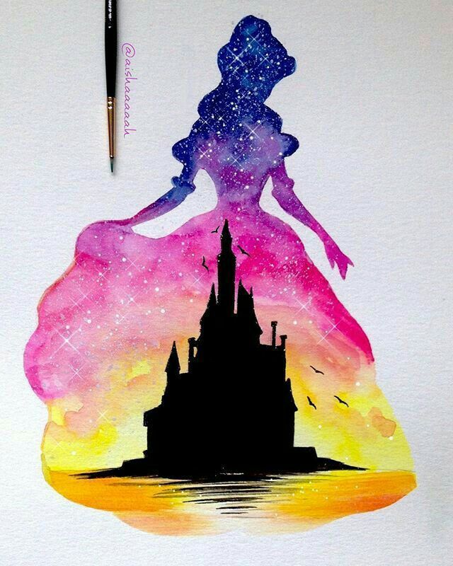 a watercolor drawing of a princess standing in front of a castle