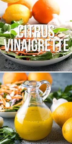 citrus vinaigrete in a glass bottle next to lemons and greens