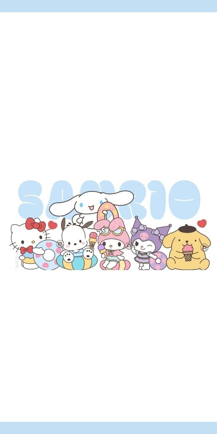 an image of hello kitty and other cartoon characters on a white background with the word hello kitty