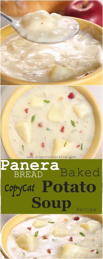 two pictures of baked potato soup with bread in the background and text overlay reading panera bread baked copycat potato soup