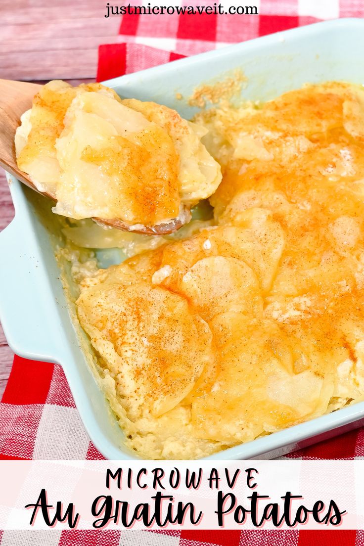 a casserole dish is shown on a red and white checkered tablecloth