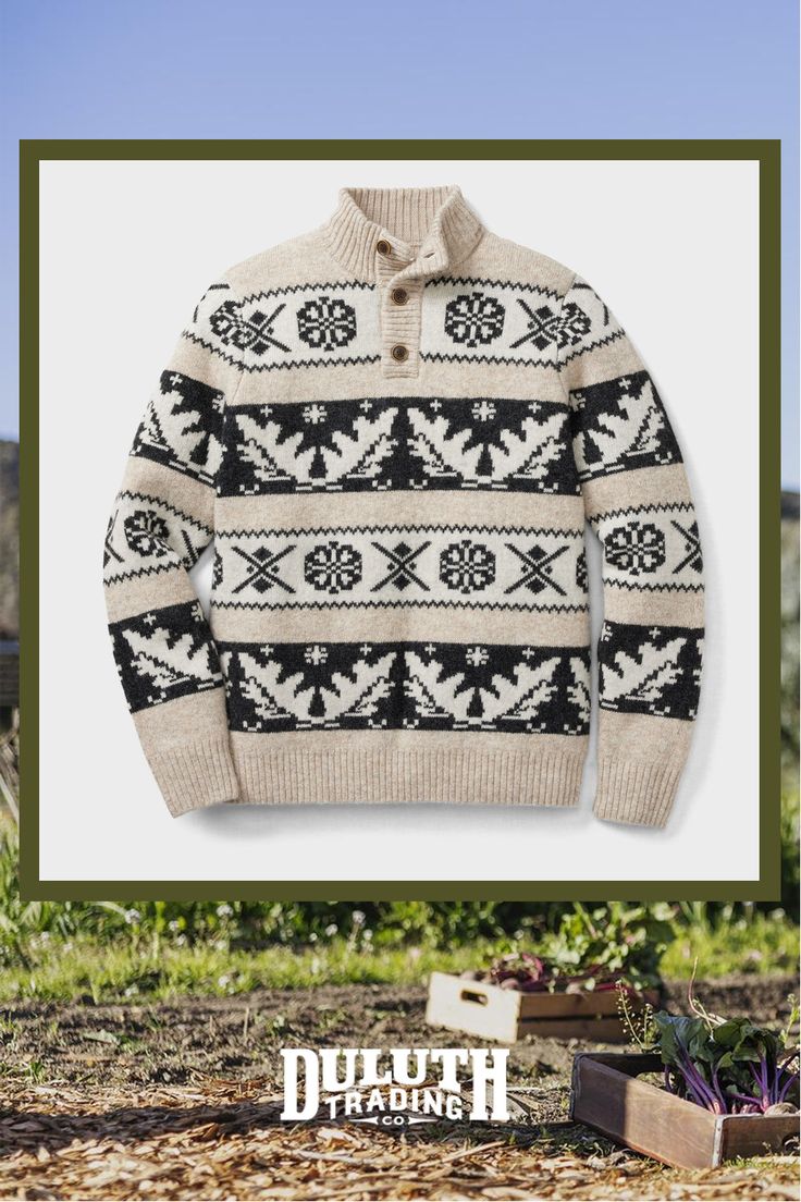 Warmly knit of wool prized worldwide, Duluth's Shetland Wool Logo Fair Isle Mock is one of the most comfortable and long lasting sweaters you can wear. Warm Nordic Sweater For Fall, Nordic Style Warm Sweater For Fall, Nordic Wool Sweater For Fall, Wool Jacquard Knit Sweater For Cold Weather, Nordic Style Warm Sweater For Cold Weather, Nordic Knit Sweater For Fall, Classic Winter Outdoor Sweater, Long Sleeve Sweater With Fair Isle Pattern For Outdoor, Cozy Merino Wool Sweater With Fair Isle Pattern