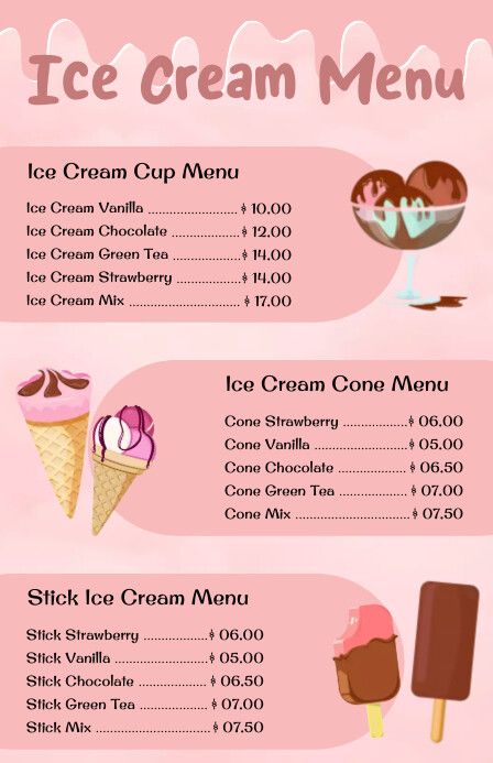 Ice cream menu card Milkshake Menu Design, Ice Cream Menu Design Ideas, Ice Cream Flyer Design, Ice Cream Menu Design, Menu Engineering, Play Menu, Menu Design Layout, Ice Cream Wallpaper, Background For Powerpoint