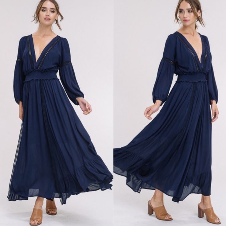 Ruffles On Hem And Waist - Smocking On Waist - Elasticized On Cuffs - Lined - Model Is 5' 8" 33-24-34 And Wearing A Size Small Fabric 100% Rayon Flowy Long Sleeve Breezy Dress, Chic Billowy Blue Dress, Bohemian Flowy Pleated Midi Dress, Fitted Breezy Maxi Dress With V-neck, Bohemian Pleated Flowy Midi Dress, Long Sleeve Dresses With Flowy Skirt For Day Out, Flowy Pleated Dress For Brunch, Long Sleeve Pleated Beach Dress, Pleated Long Sleeve Beach Dress